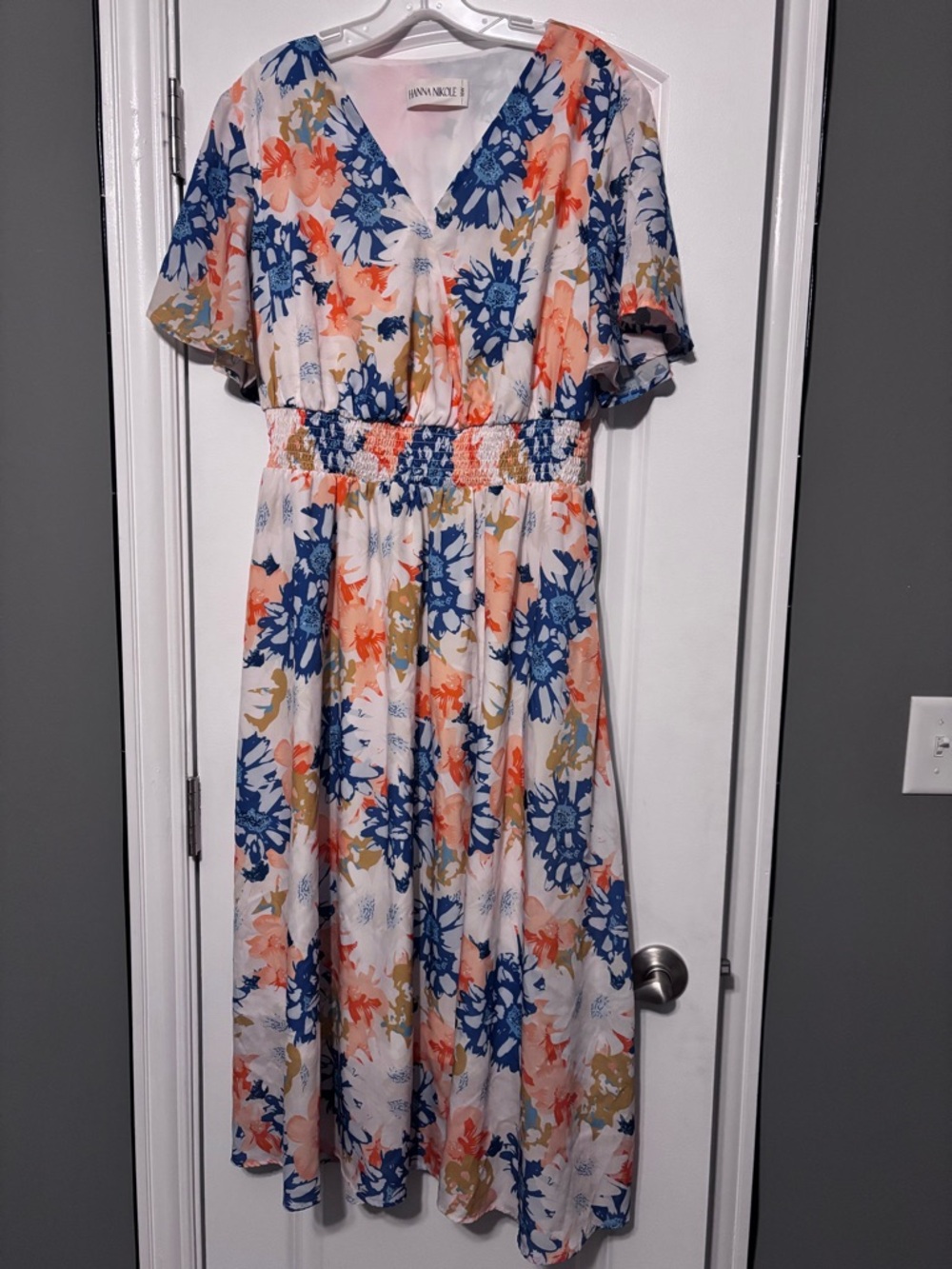 Hanna Nikole Floral V-Neck Midi Dress in White, Blue & Coral 16W